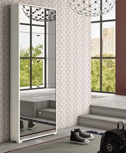 Schuhschrank Saturn, 4 Türen, Beton, weiß, mit Spiegeltüren, platzsparend, 100% Made in Italy