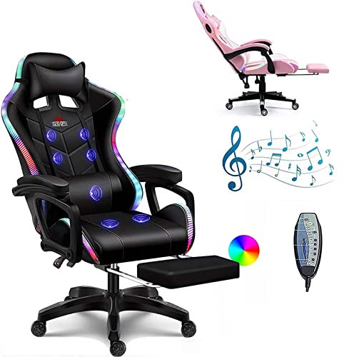 Chaise de jeu Chaise de bureau de massage/Gaming Chair lumières et haut-parleurs LED RVB, chaise d'ordinateur inclinable réglable avec accoudoir lombaire appui-tête ergonomique,Noir