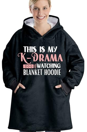 Huglanket Korean Drama Gifts Blanket Hoodie for Women, This is My K Drama Watching Blanket Hoodie, Super Soft Warm Cozy with Pockets, One Size Fits Most, Black, One size