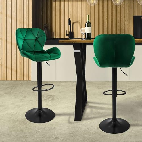 ML-Design Lot de 2 Tabourets de Bar en Velours, Vert, Chaise Rembourrée avec Dossier et Repose-Pieds, Réglable en Hauteur 59-79 cm, Pivotante à 360°, Tabouret de Comptoir, Cuisine, Pub, Bar de Maison