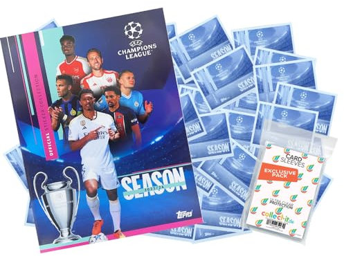 Bundle mit Topps - Champions League 2023/24 - Sammelsticker - 1 Album + 50 Verschiedene Sammelsticker (zufällige Auswahl) + Exklusive Collect-it Hüllen