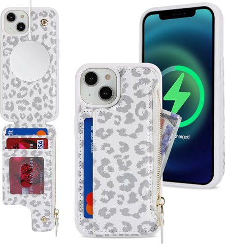 SailorTech iPhone 15 Plus Case with Credit Card Holder magsafe, iPhone 15 Plus Phone Leather Case Wallet for Women Compatible mag safe Card Slots Zipper Shockproof Case for Men - White Leopard