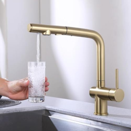 Küchenarmatur 3-Wege, Küchenarmaturen ausziehbar, Messing, 360 Grad drehbar, Heiß- und Kaltwasser-Teleskopbrause, Küchenspüle-Wasserhahn, 3-Wege, gebürstetes Gold elegant