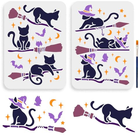MAYJOYDIY 2 Stück Magischem Katzenbesen Schablonen 29.7×21cm Magischem Katzenmotiv Schablonen mit Pinsel Katze Auf Einem Besen Fledermaus Mond Stern Zeichenvorlage Für DIY Projekte Basteln Leinwand