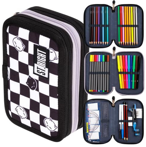 St. Right XXL Federtasche Federmappe Federmäppchen 46-teilig gefüllte Schüleretui 3-stöckig 19 x 13 x 7 cm, 3-Fach Schulstiftetui, dreifaches Federmäppchen Junge Mädchen CHESS CATS