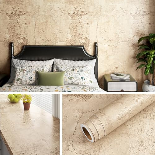 Livelynine Beige Concrete Effect Wallpaper Self Adhesive Contact Paper for Wall Bedroom Bathroom Wall Paper Roll Waterpoof Kitchen Worktop Covering Brown Beige Vinyl Wrap for Kitchen Cupboards 40CMx2M