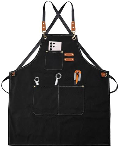 DAKLUNAR Canvas Schürzen Arbeitsschürze für Männer und Frauen Schürze mit Verstellbarem Gurt und 3 Taschen Schürzen für Kellner Küche Garten Kochen Kaffee Backen Künstler Malerei, Kreuz Zurück