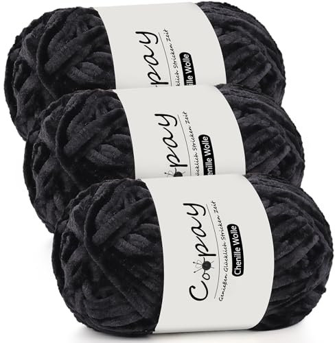 Coopay Chenille Wolle zum Häkeln - 3x100g Samtig Garn, Dicke Flauschige Weiche Plüschwolle für Decken, Schals - Schwarz