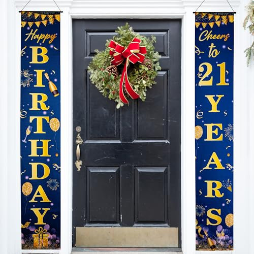 Happy 21st Birthday Party Decorations Blue Gold 21st Birthday Door Banner Porch Hanging Banner, 21st Birthday Door Decorations for Girls Her 21 Year Old Indoor Outdoor Garden Blue Gold