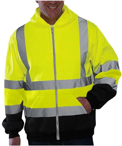 UHouse Jacke Herren Warnschutz Arbeitsjacke mit Kapuze Oversized Kapuzenjacke Leichte Fahrradjacke Warn Jacken Freizeit Softshelljacke Outdoor Zipper Hoodie Reflektierende Jacket Grün 4XL