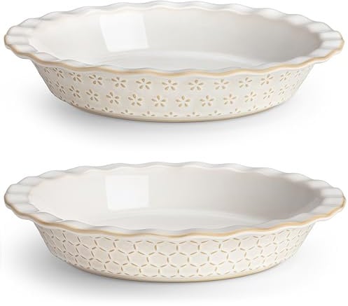 MALACASA 9 Inch Ceramic Pie Dish for Baking with Unique Kiln-Fired Glaze, Non-Stick Fluted Tart Pan, Hexagon Embossed Edge, 45oz, Perfect for Pies, Quiches, Tarts & Desserts, (Series Lydia, 2PC)