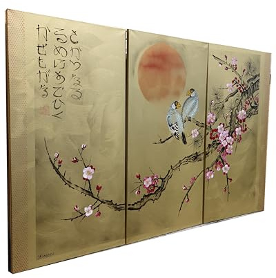 Japanische Vögel J354 von der Künstlerin Ksavera - Großes Triptychon in Gold, originale Acrylbilder im japanischen Stil