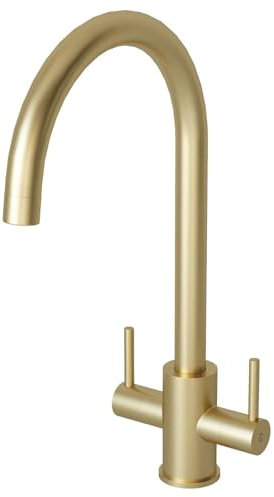 Liquida AD399BR Swan Neck Twin Lever Kitchen Mixer Tap in Brushed Brass