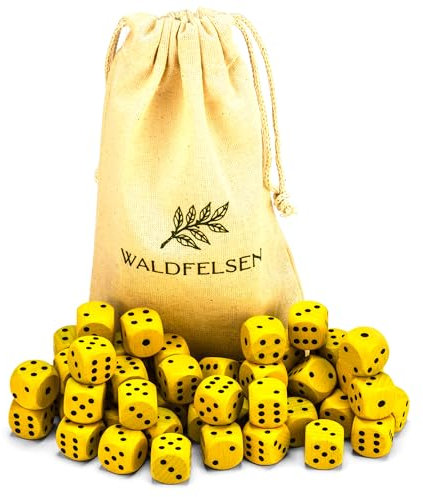 Waldfelsen 6, 12, 20, 30 oder 50 hochqualitative Holzwürfel aus echtem Buchenholz Augenwürfel Spielwürfel aus Holz in 16 mm Standardwürfel mit Stoffbeutel Würfelset (Gelb, 50 Stück)