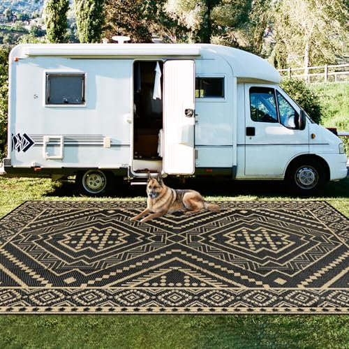 Capslpad Outdoor Teppich Wetterfest 245x305cm Reversible Geometrie Kunststoff Strohmatte UV-beständiger Faltbar Tragbarer Campingbereich Teppiche für Picknick RV Garten Strand, Schwarzes Kamel