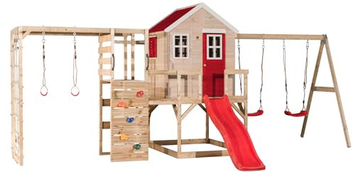 Wendi Toys M28R-G Spielhaus Outdoor mit Schaukel und Rutsche & Gym, 342 x 563 x 242 cm, Rot, FSC Holz, Klettergerüst Garten für Kinder mit Turnstange, Kletterwand, Monkey Bar, Spielzeug ab 3 Jahre