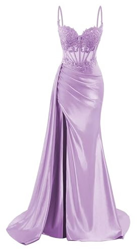 HPPEE Vestido de fiesta de satén con tirantes delgados para mujer, con abertura y apliques de encaje, vestido de fiesta formal, Lila, 40