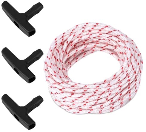 1 Roll Recoil Starter Rope 15-Meter, 4.0mm Diameter Pull Cord with 3pcs Universal Starter Handle for Craftsman Stihl Homelite Poulan Lawn Mower Chainsaw Trimmer Edger Brush Cutter Engine Parts