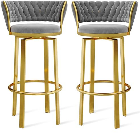 360 ° drehbare Barhocker, 1er-/2er-/3er-Set, offene Barhocker aus Samt mit gewebter Rückenlehne und gold-/schwarzer Fußstütze, Esszimmerstühle für Kücheninsel und Pub, grau-goldene Beine, 2 Stück