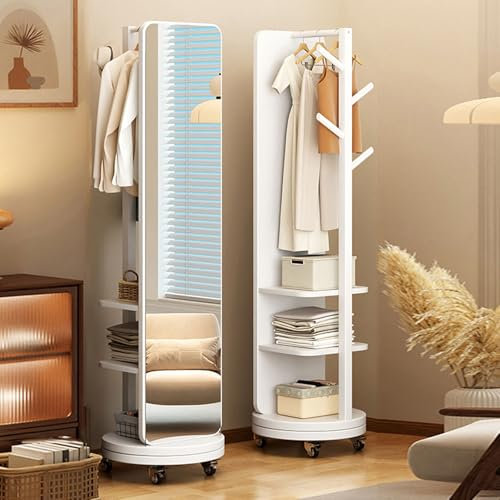 Armoire à bijoux, miroir intégral rotatif à 360° avec roulettes pivotantes, miroirs de sol et porte-manteau 2 en 1, miroir pleine longueur en bois massif avec porte-manteau, pour chambre à c