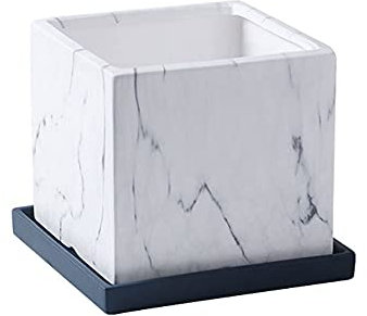 Pot de fleurs carré en céramique marbrée bleu avec base pour toutes les plantes, plantes grasses et cactus - Utilisation intérieure et extérieure - L