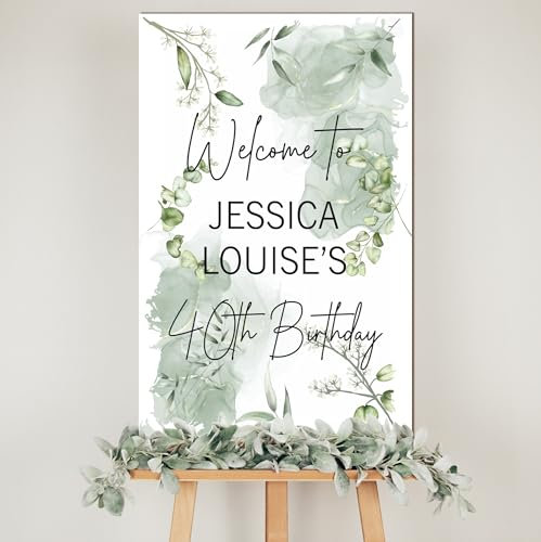 Personalised Happy Birthday Welcome Sign – Custom Name Age Date, Adult Party Decoration Photo Display Keepsake Board - 7 Design Styles (Green Leaves)