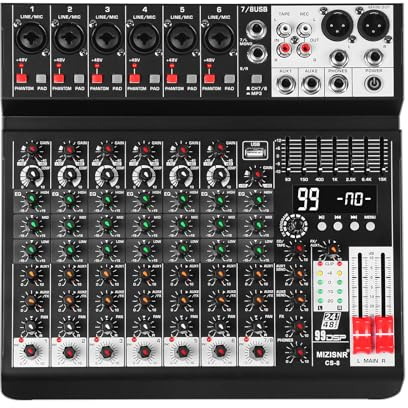 MIZISNR Audio-Mixer, 8-K-Sound-Mixer-Konsole, professionelles Musik-Mischpult, DJ-Mixer mit 99 DSP, 7-Band-EQ, USB, Bluetooth, 48 V Phantomspeisung & PAD-Funktion für Aufnahme von