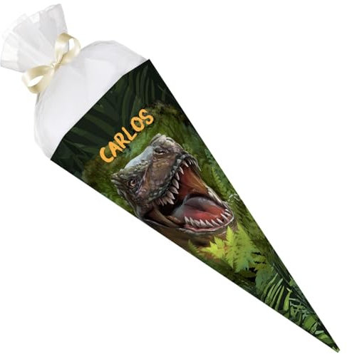 GRAVURZEILE - Bedruckte Schultüte - T-Rex - Personalisiert mit Namen - Geschenk zur Einschulung - Sechseckige Zuckertüte für Jungen & Mädchen - 61 cm mit Tüll-Verschluss - Farbe: T-Rex