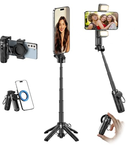 Magnetic Mini Phone Selfie Stick with 2 Fill Light, 360° Rotation Portable Phone Travel Tripod with Remote Control,Magnetic Chuck ＆ Clip Selfie Stick for iPhone Android TIK Tok/Live/Video Recording
