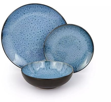 Waterside 12pc Blue Reactive Glaze Stoneware Dinner Set; 4 Dinner Plates, Side Plates & Bowls - Dishwasher & Microwave Safe