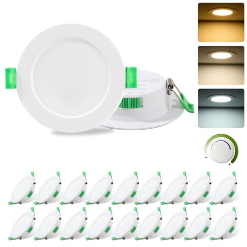 Faretti LED Soffitto 230V, 7W Dimmerabile Faretto LED Interno per 68mm - 78mm Diametro Foro, 3000K/4000K/6500K Regolabile, IP44 Faretti LED da Incasso per Cartongesso, Cucina, Bagno, Set of 20