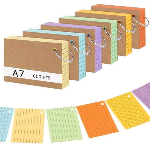 600 A7 Karteikarten, 150g/m² Liniert Lernkarten 6 Farben 10,5 x 7,4 cm | Doppelseitig Liniert mit Krafteinband und Loseblattring Karteikarten, Sortierbar für Vokabeln, Schule, Büro und Zuhause