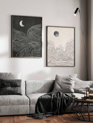 ZHAOLIN 2-teiliges Leinwandbild mit Sonne und Mond – Schwarz-Weiß-Poster im Bohemian-Stil, modernes minimalistisches Dekor für Wohnzimmer, Schlafzimmer (40 x 60 cm x 2/rahmenlos)