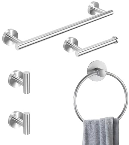 Towel Roll Rail Towel Holder Set, Stainless Steel Metal Bathroom Accessory | Toilet Paper Roll Holder Wall Hook Towel Ring Rack Bathroom Hardware (Silver)