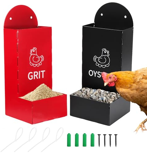 BigKing Trogolo – 2 dispensadores de grava para aves de corral, rojo + negro, 1,3 l/unidades, de metal, alimentador automático para gallinas, comedero para interiores y exteriores