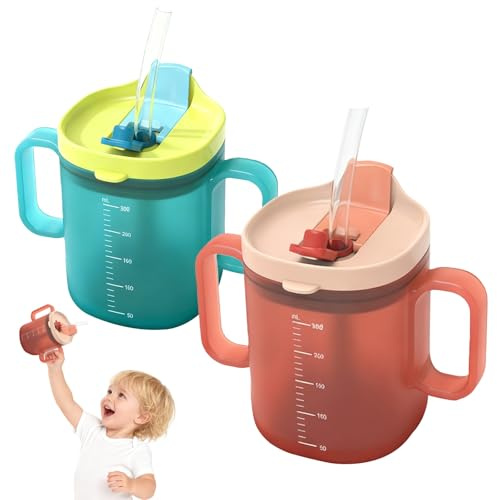 GOEDCH Lot de 2 gobelets avec couvercle et paille pour seniors : gobelet de 300 ml avec couvercle et paille, gobelet double usage pour adultes avec bec