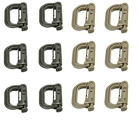 Karabinerhaken, 12X Karabiner Quickdraw D-Ring Clip Molle Gurtband Outdoor Rucksack Schnalle Snap Lock Camp Schäkel Tasche Taktische hängenden Haken(ArmyGreen Tan Each 6)
