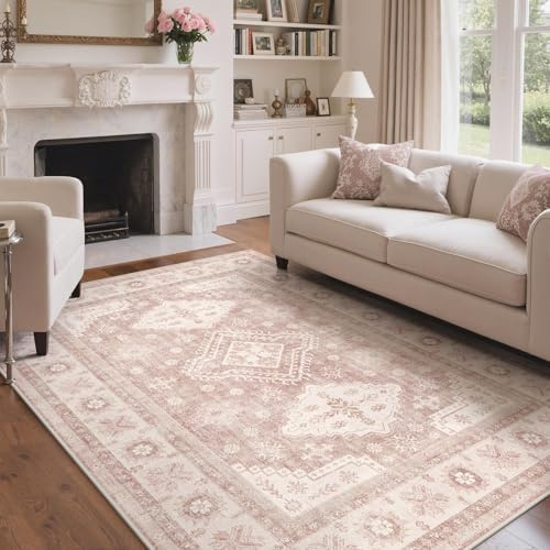 GENIMO Teppich Wohnzimmer 200x290 cm Großer Vintage Waschbar Altrosa Beige | Boho Vintage Orientalischer Teppiche, Kurzflor Wohnzimmerteppich, Rutschfest Carpet für Schlafzimmer, Esszimmer, Büro