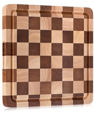 Tagliere in Legno, Taglierea Scacchiera di Hevea, Tagliere da Cucina Quadrato con Scanalatura e Manici, 30 x 30 x 2,5 cm, per Carne, Verdure e Formaggio
