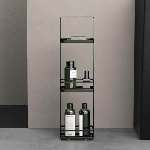 doporro Étagère Rangement sur Pied à 3 Niveaux Organisateur de Toilettes | Noir, Serviteur de Douche, Acier au Carbone, 18x12,5x67,3cm, Salle de Bain, Reglo-02