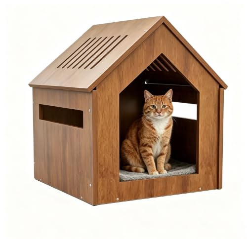 Small Wooden Cat House Indoor Outdoor, Cute Gable Roof Cat Shelter with Rainproof Windproof & Breathable, Easy Assemble Move Clean, Multi-Ply Wood Cat Hut for Kittens (Brown)