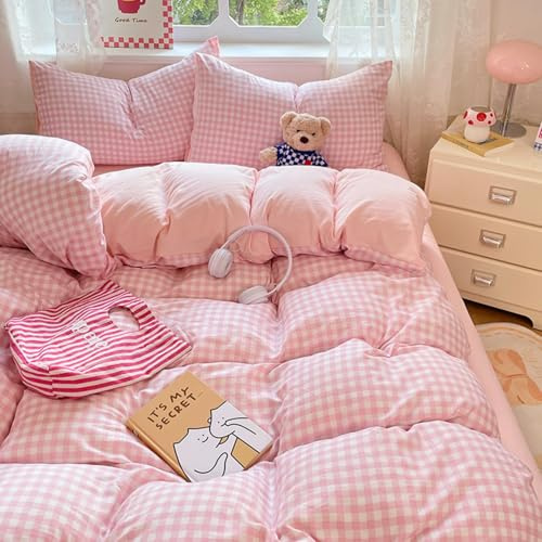 Freyamy Housse de Couette 200x200 Carreaux Vichy Rose Blanc Grille avec 2 Taies d'oreiller 65x65cm Parure de lit 2 Personnes Adulte Ado Sets de Housse Couette en 100% Microfibre avec Fermeture Éclair