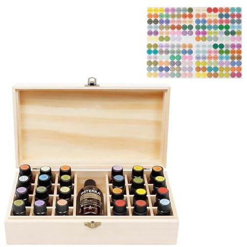 Billowvolve 25 Löcher Ätherische öle Aufbewahrung Holz Tragbar Organisator Holzbox Display Organizer mit Aufkleber für Duftöle Ausstellung, Lagerung