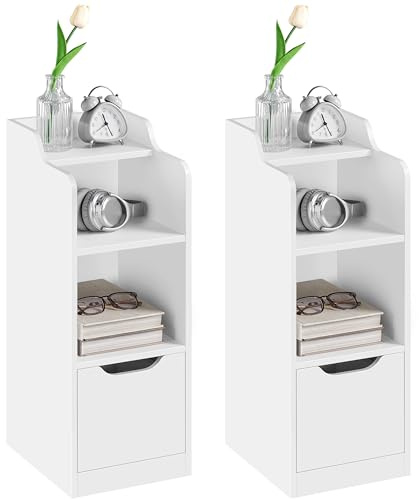 Yaheetech Nachttisch Schmal 2er Set, Beistelltisch Nachtschrank mit Schublade und 3 Etagen Stauraum, Moderner Nachttisch für Schlafzimmer, Wohnzimmer, B25 x T30 x H65 cm, Weiß