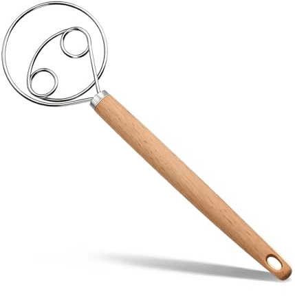 Danish Dough Whisk, Stainless Steel Bread Dough Whisk, Double Eyes Hand Egg Beater Mixer with Wooden Handle for Baking Cake, Dessert, Pizza, Pastry, Sourdough