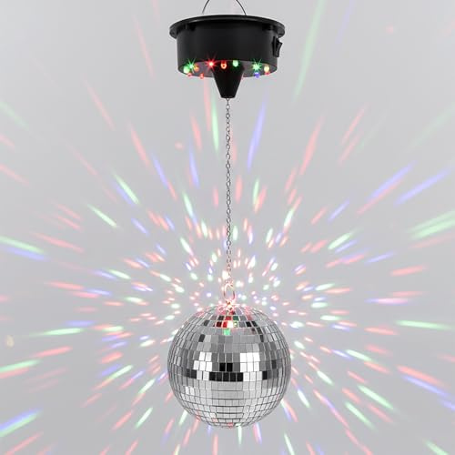Discokugel mit Drehmotor Batteriebetrieben und LED Beleuchtung in Bunt | 15 cm - Spiegelkugel Drehend mit Echtglas Facetten in Silber - Party Lichteffekt Hängekugel Mirrorball