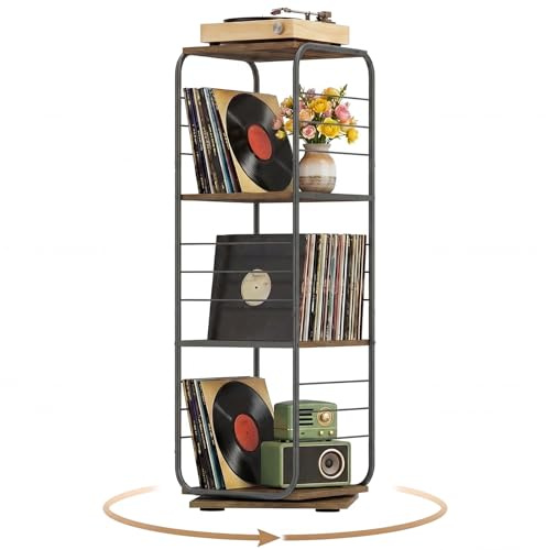 COSTWAY Meuble Rangement Vinyle à 4 Niveaux pour Disques Vinyles, Support Platine Vinyle pour Jusqu’à 210 Albums, Pivotant 360°, Meuble Tourne-Disque Vinyle en Métal, pour Salon (Marron Rustique)