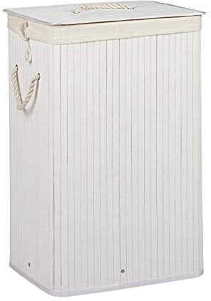 Relaxdays Panier à linge pliant corbeille pliable rectangle en bambou 83 litres 65 cm hauteur HxlxP 65,5 x 43,5 x 33,5 cm, blanc