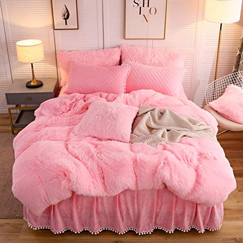 LIFEREVO Luxuriöses Plüsch-Bettbezug-Set, weiches Samt, flauschig, pelziges Bettbezug-Set (1 Kunstfell-Bettbezug + 1 Pompom-Pom-Poms-Kissenbezug), solides Bettwäsche-Set, XL, Rosa