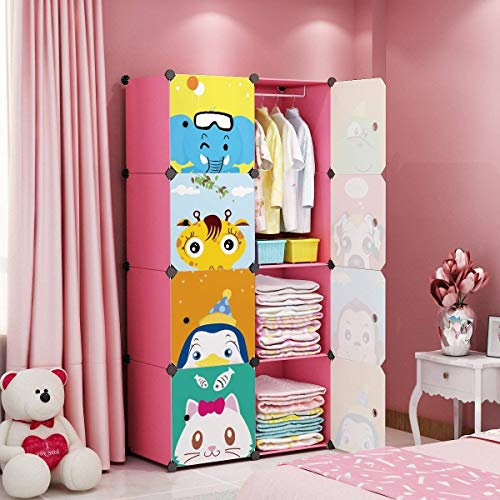 MAGINELS Kinder-Kleiderschrank, Baby-Mädchen- und Kinderschrank mit Tür, niedlicher tragbarer Würfelaufbewahrung, Kleidung, Kommode für Schlafzimmer, Rosa, 8 Würfel (35,6 x 35,6 cm)